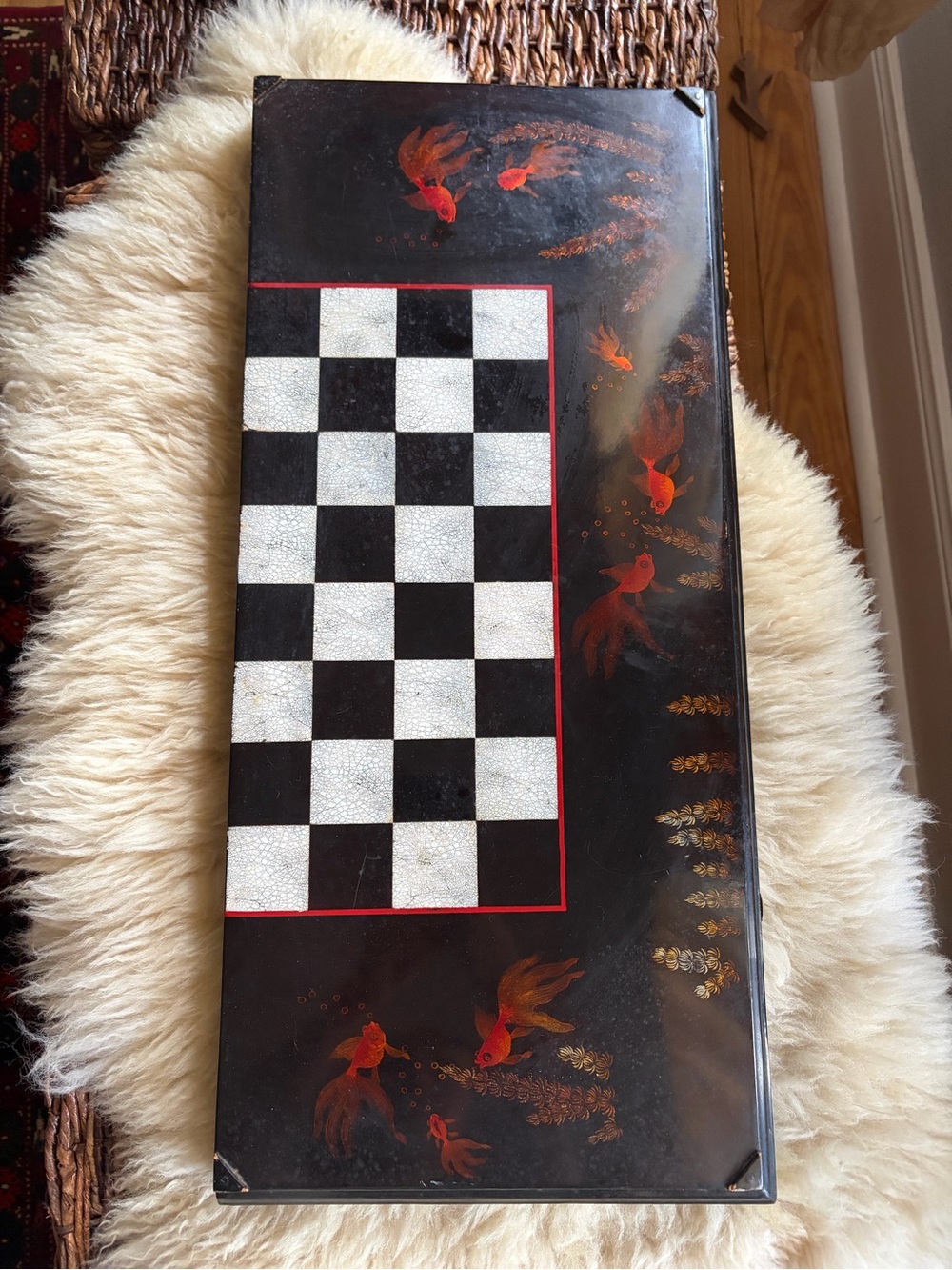 Hand-Painted Black and Red Foldable Chess & Backgammon Game Set